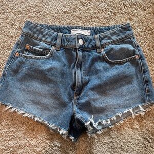 Women's Dark Blue Frayed Hem Denim Shorts